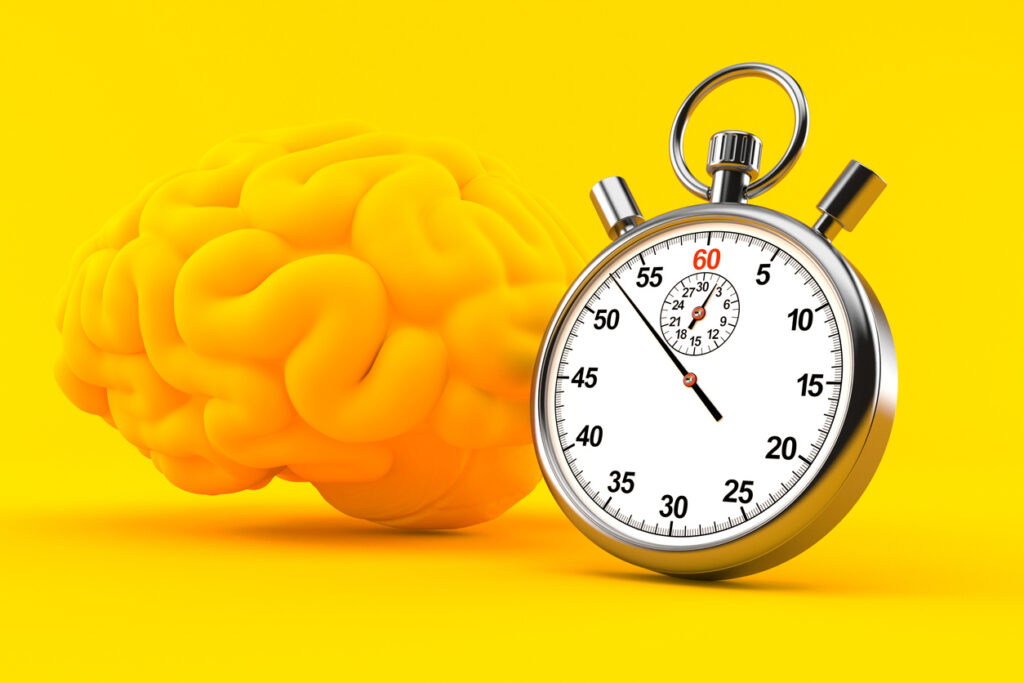 Intelligence background with stopwatch in orange color. 3d illustration