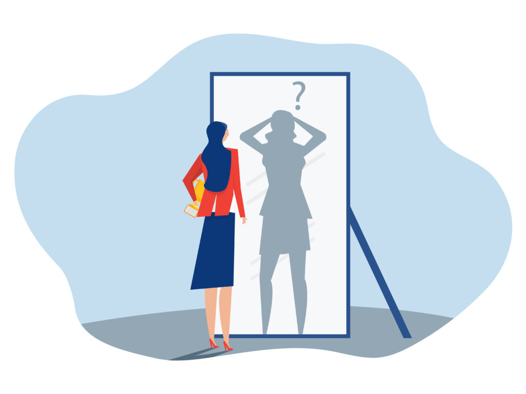 imposter syndrome, businesswoman looking shadow himself through mirror for Anxiety and lack of self confidence at work vector