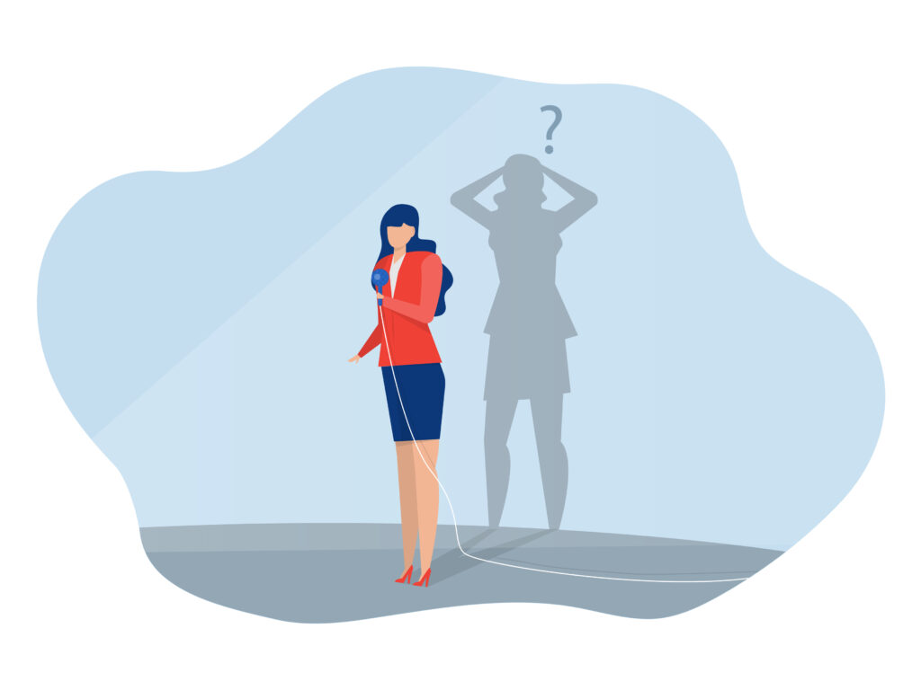 imposter syndrome, presenter woman with shadow himself for Anxiety and lack of self confidence at work vector