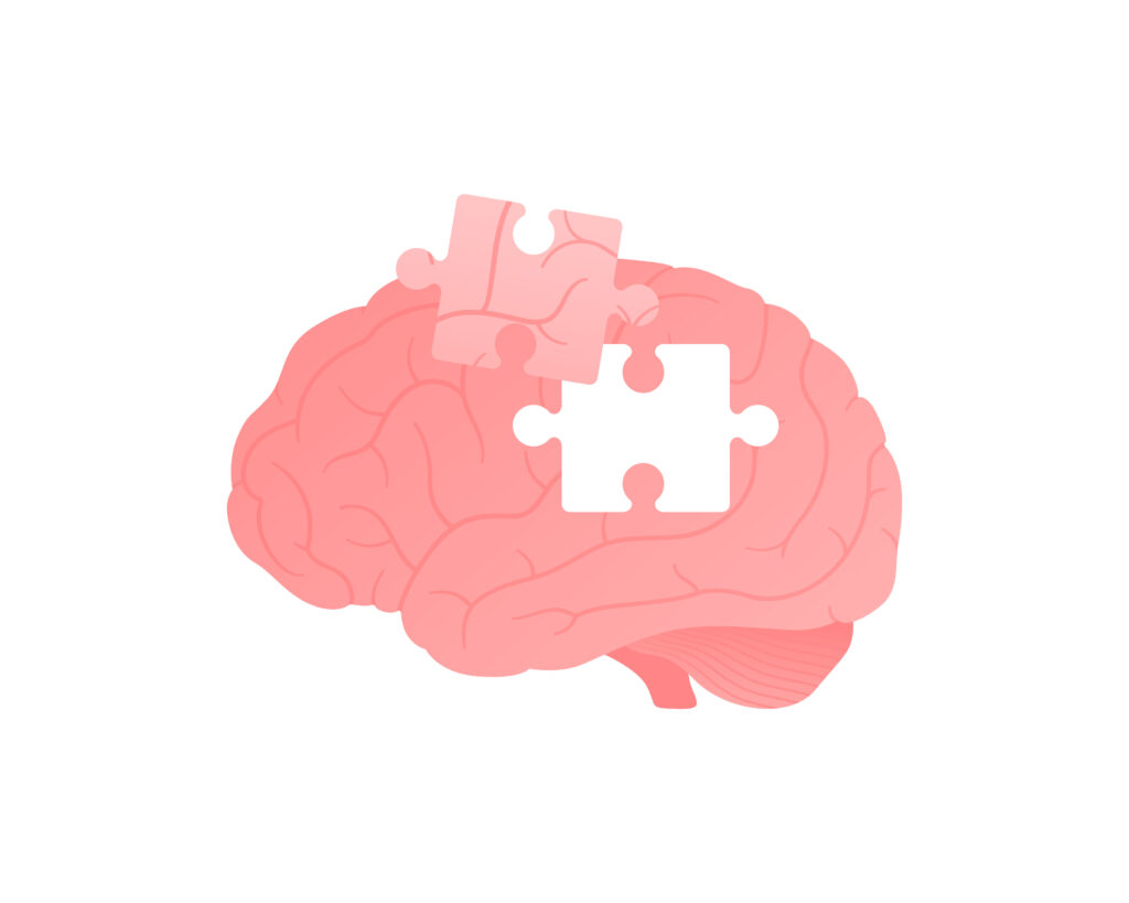 Mind, think, psychology and mental disease concept. Vector flat color icon illustration. Brain jigsaw silhouette with puzzle piece sign. Creative thinking, brainstorm and dementia symbol.
