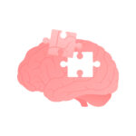 Mind, think, psychology and mental disease concept. Vector flat color icon illustration. Brain jigsaw silhouette with puzzle piece sign. Creative thinking, brainstorm and dementia symbol.