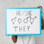 Woman holding sign with gender pronouns and symbols near white brick wall