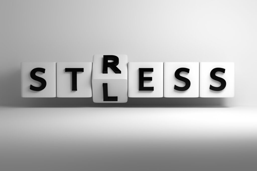 Words Stress Less written in bold large letters on white cubes. 3d illustration.