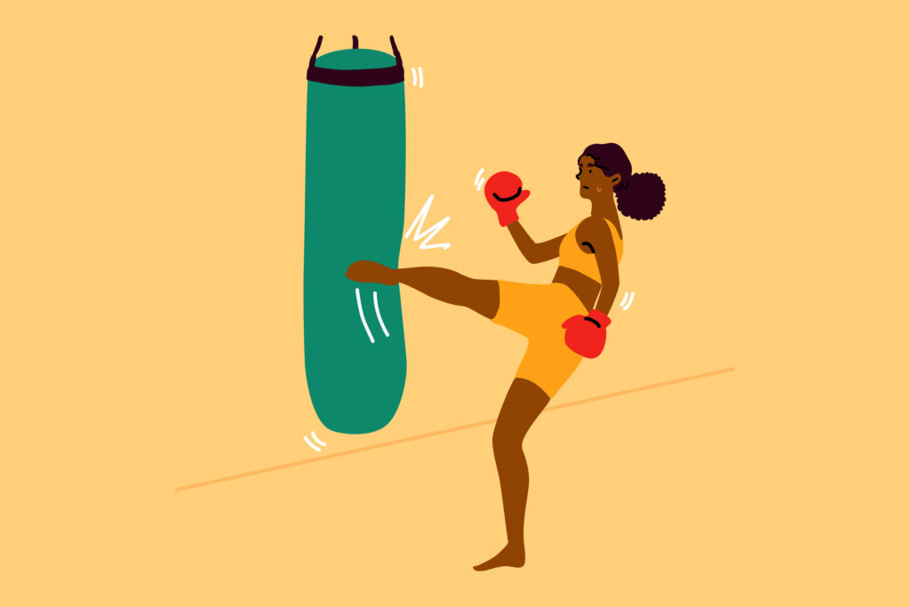 Sport, strength, fight, training, fitness concept. Young strong african american woman girl character with boxing gloves and sportswear kicking bag in gym. Active recreation and workout illustration.